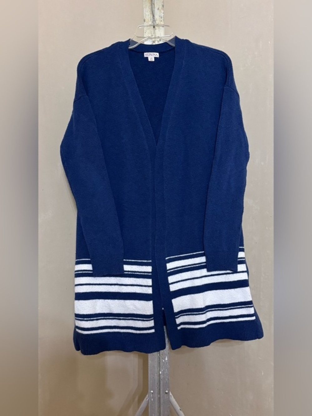 Merona Royal Blue Open-Front Cardigan with White Striped Hem Sz L